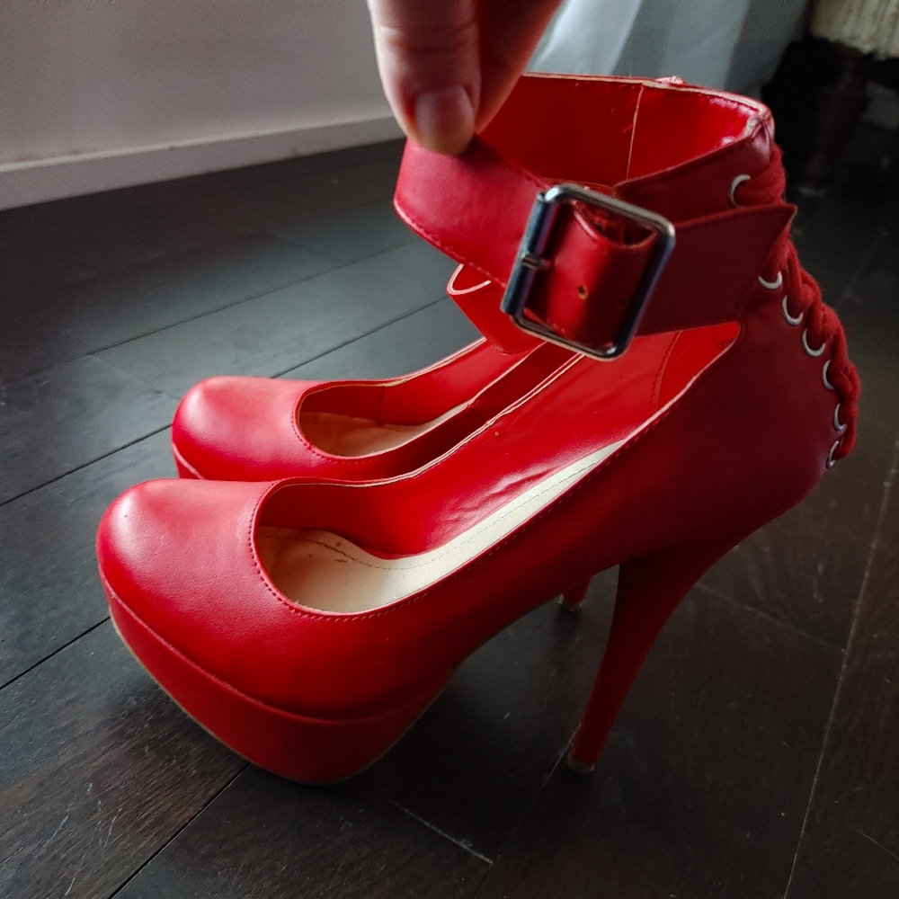Bamboo Red Stiletto Heels Laced back & Buckled Ankle cuff; Size 7 / 37